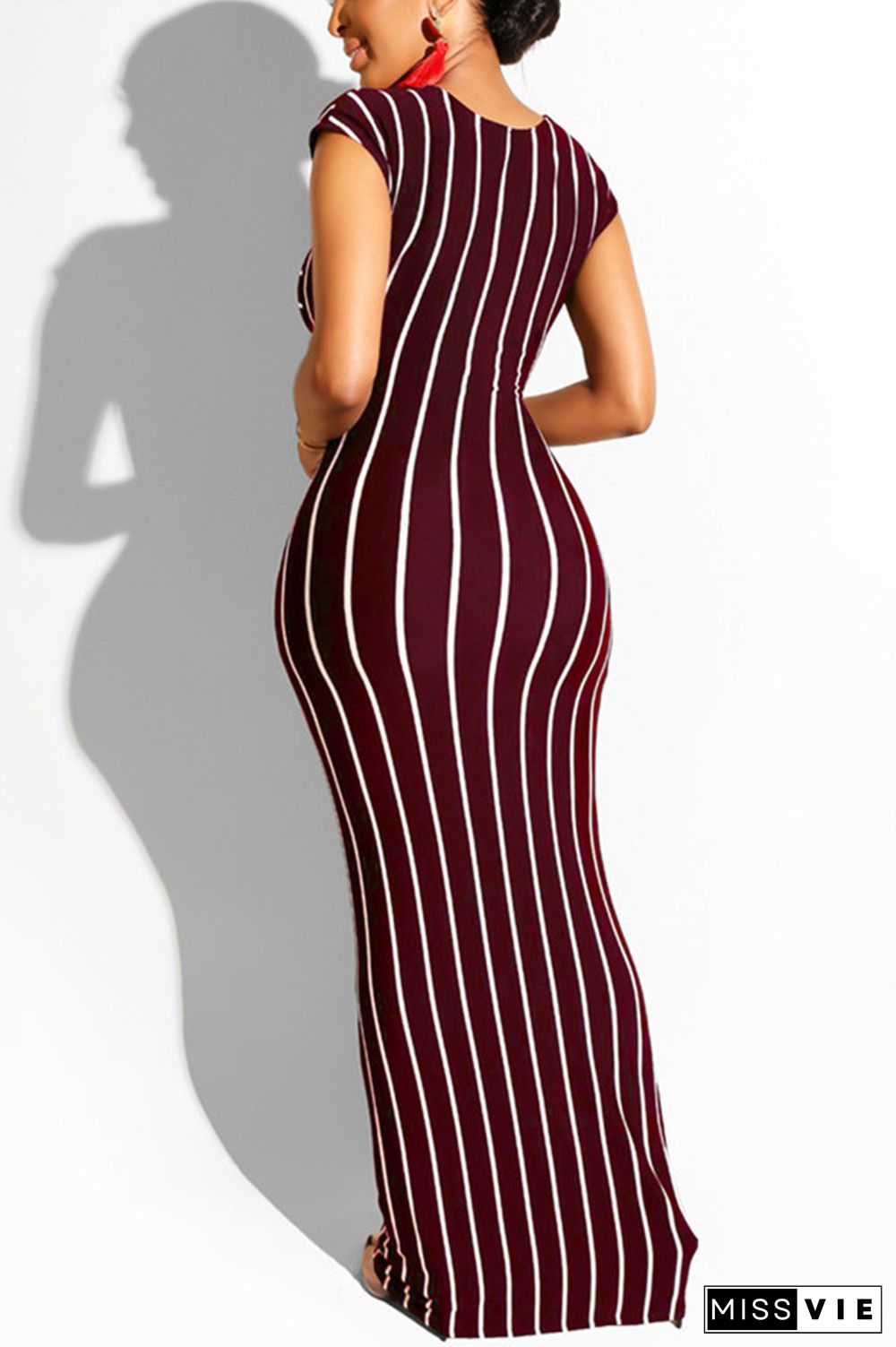 Wine Red Sexy Fashion Solid Slim fit Striped Regular Sleeveless Two-Piece Dress