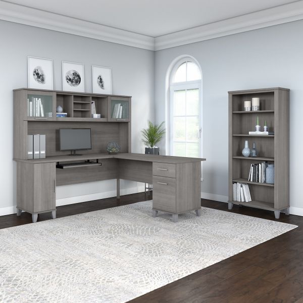 Bush Furniture Somerset 72W L Shaped Desk with Hutch and 5 Shelf Bookcase in Platinum Gray