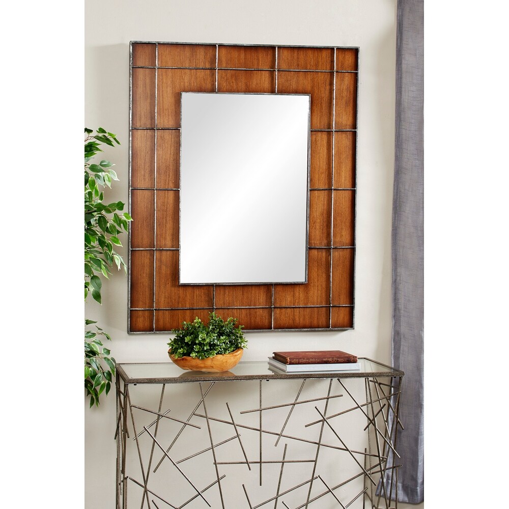 Large Rectangular Golden Brown Wood Wall Mirror with Metal Grid Overlay 36 x 44   36 x 1 x 44