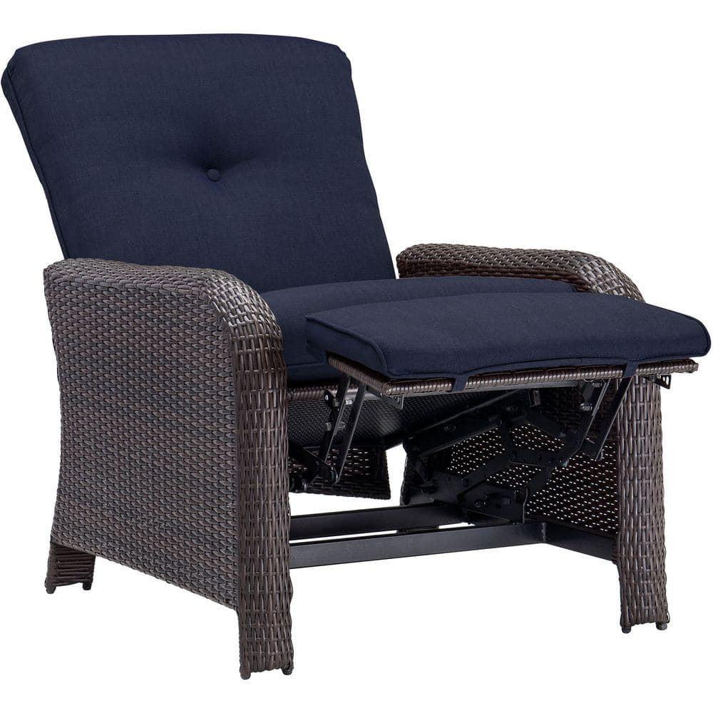 Hanover Strathmere AllWeather Wicker Reclining Patio Lounge Chair with Navy Blue Cushion