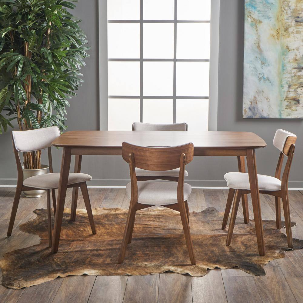 Noble House Alma 5-Piece Natural Walnut and Light Beige Dining Set 18360