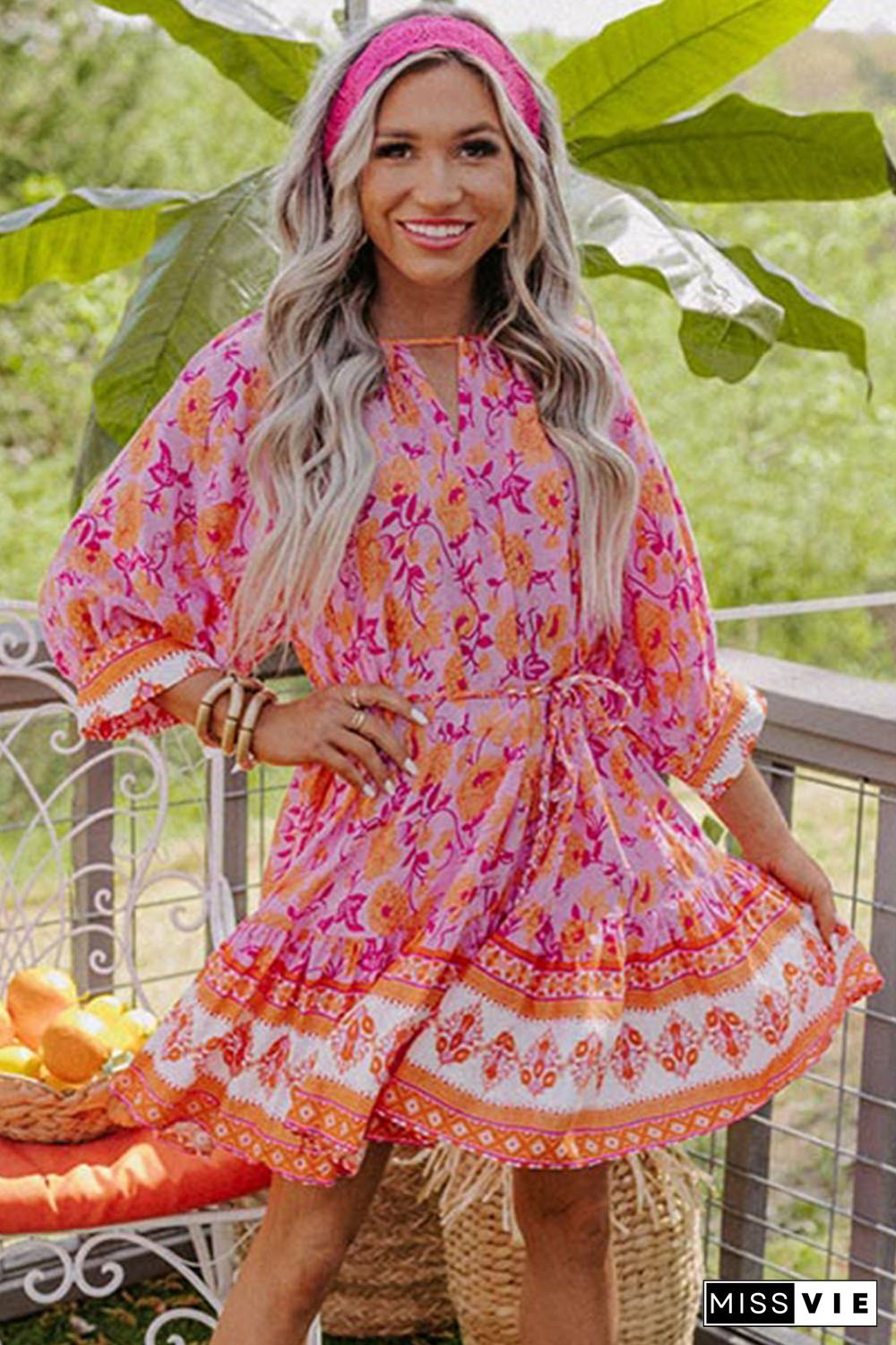 Red 3/4 Sleeve Boho Floral Belted Mini Dress