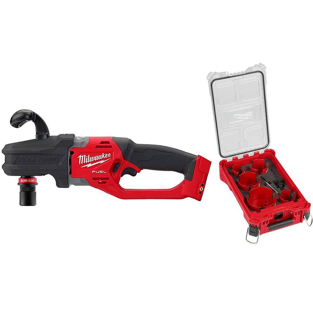 MW M18 FUEL 18V Lithium-Ion Brushless Cordless Hole Hawg 716 in. Right Angle Drill wQuick-Lok w9pc PACKOUT Hole Saw Kit 2808-20-49-56-9295