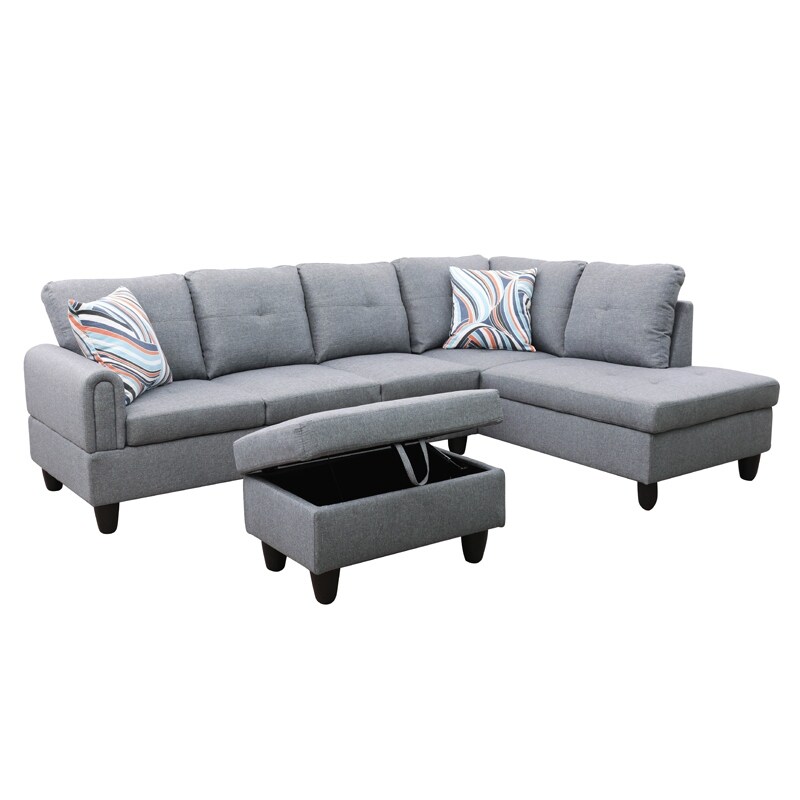 3 Pieces Sectional Sofa Set Grey Linen Living Room Sofa