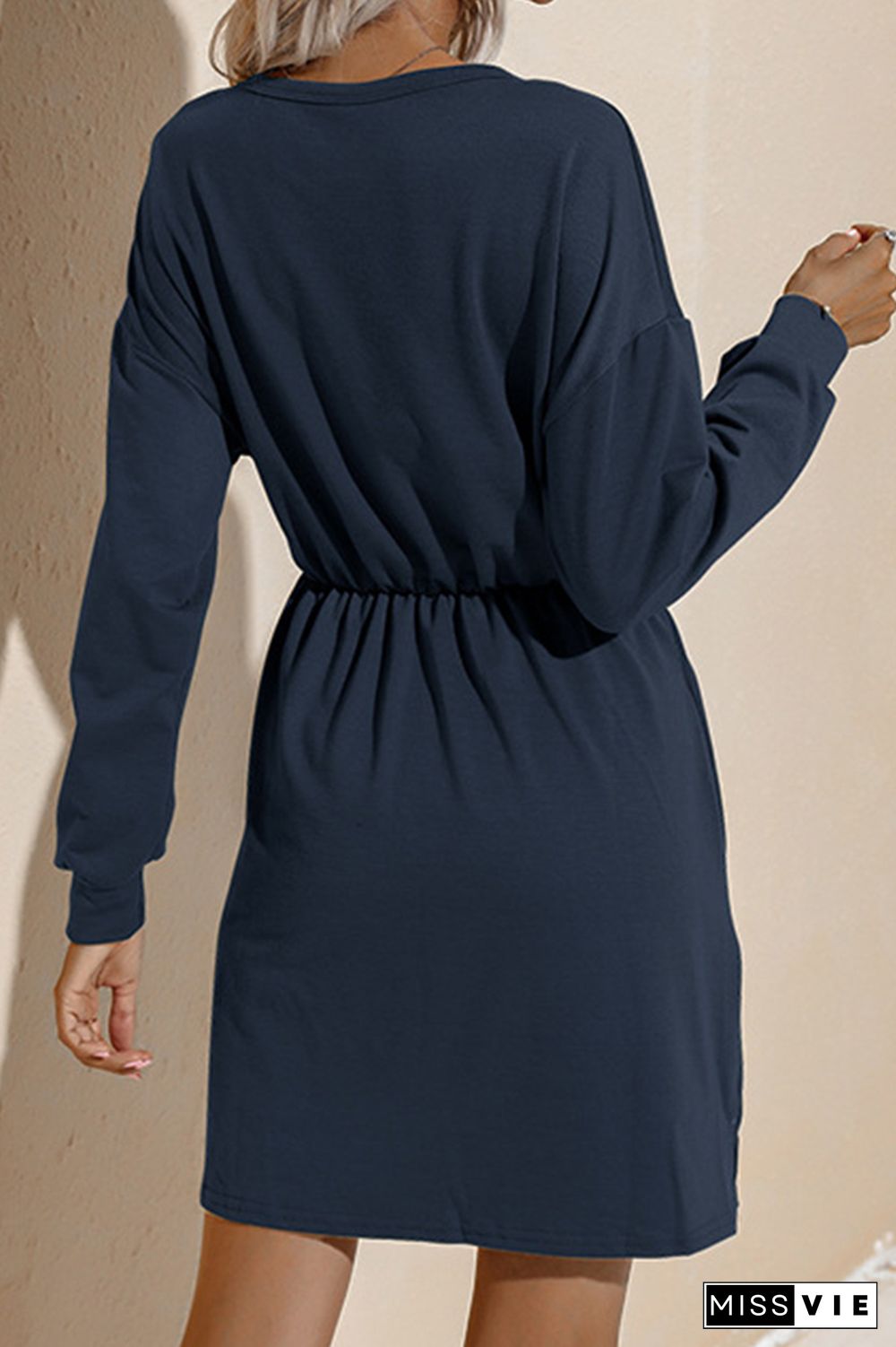 Solid Drawstring O-neck Long Sleeve Dress Women Wholesale