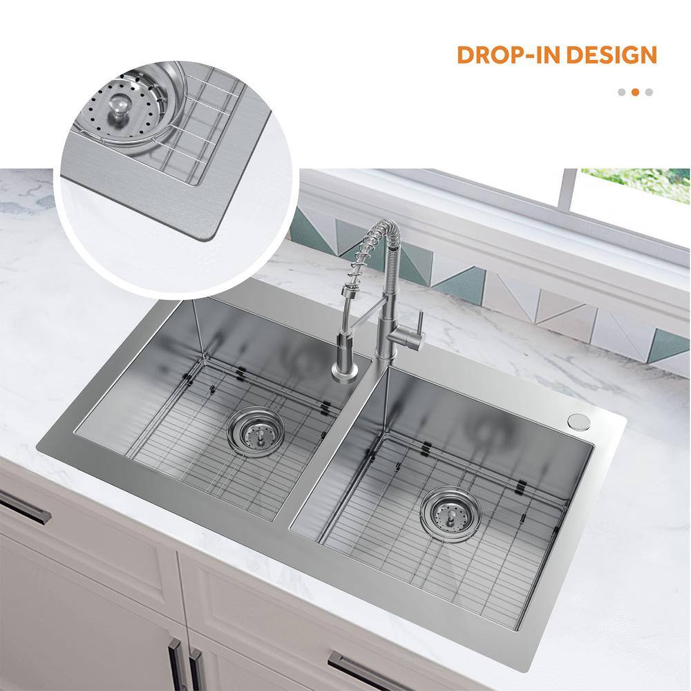 Glacier Bay Professional All in One 36 in. Double Bowl Drop-In Workstation Stainless Steel Kitchen Sink with Spring Neck Faucet FSDZ3622A0SA1