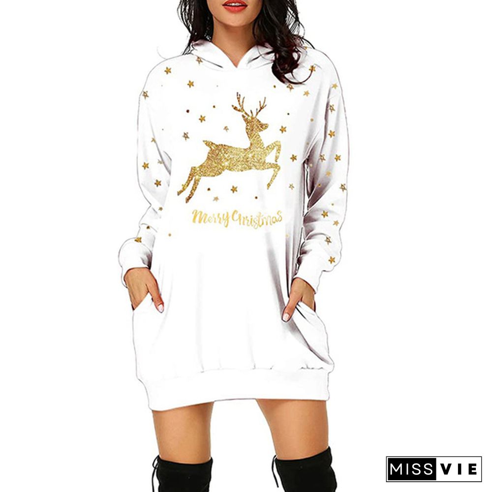 Women's Fashion Long Sleeve Hoodies Christmas Deer Printed Slim Long Pollovers Casual Hoodies Dress Plus Size S-3Xl