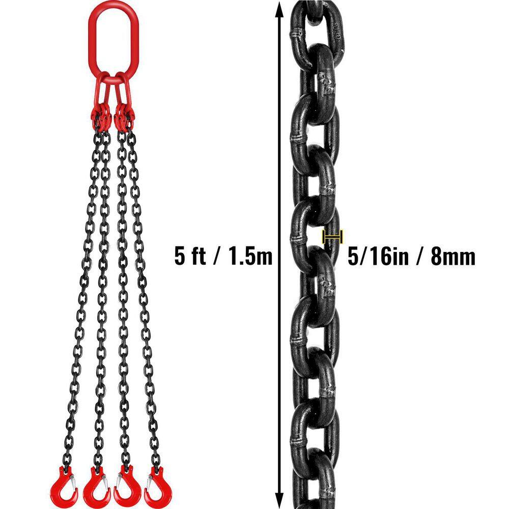 VEVOR 5 ft. Hoist Chain Sling 516 in. Engine Lift Chain G80 Alloy Steel 3-Ton with 4 Leg Grab Hooks and Adjuster 1.5MSGLT000000001V0