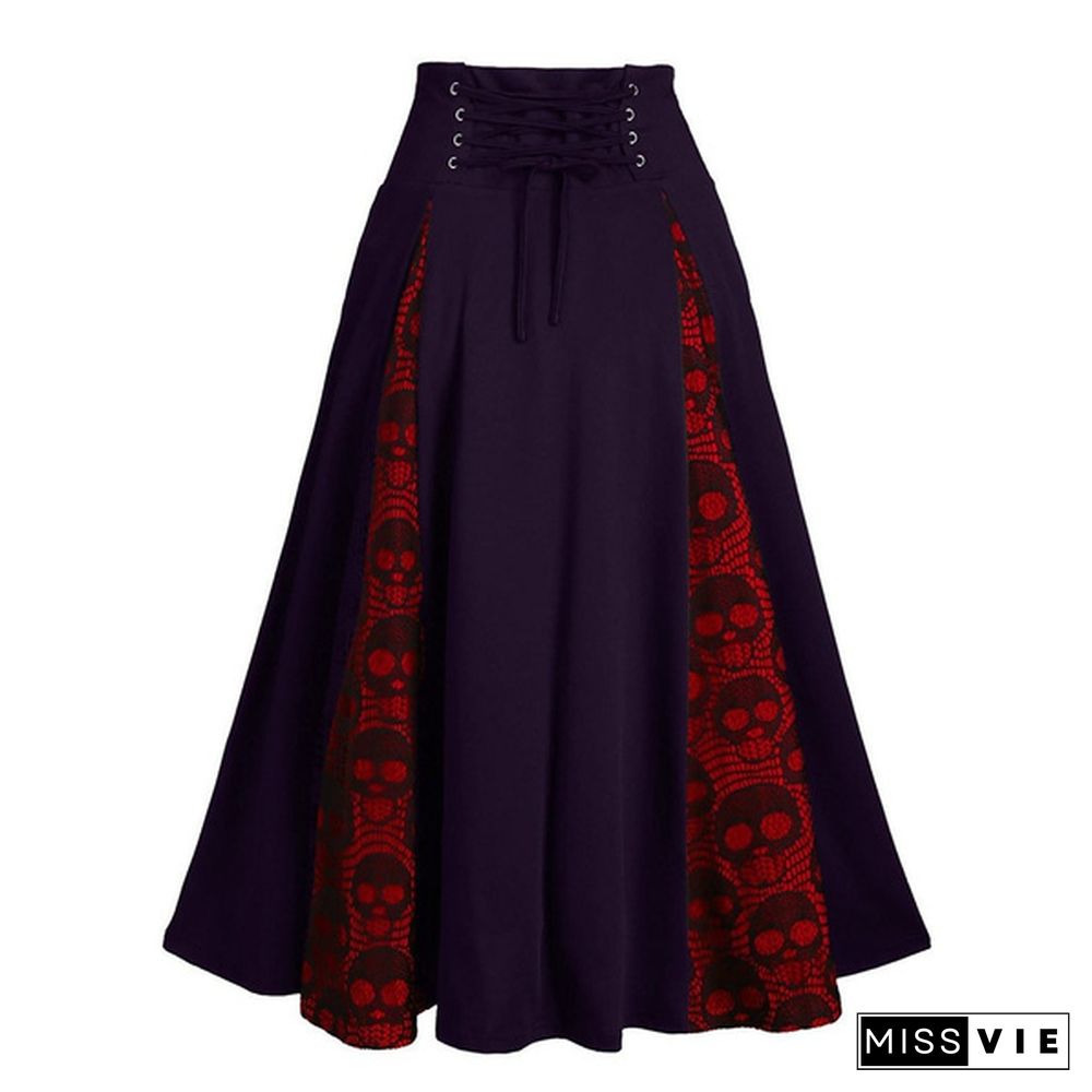 Women Plus Size Lace Patchwork High Waist Midi Skirt Gothic Pleated Skirt