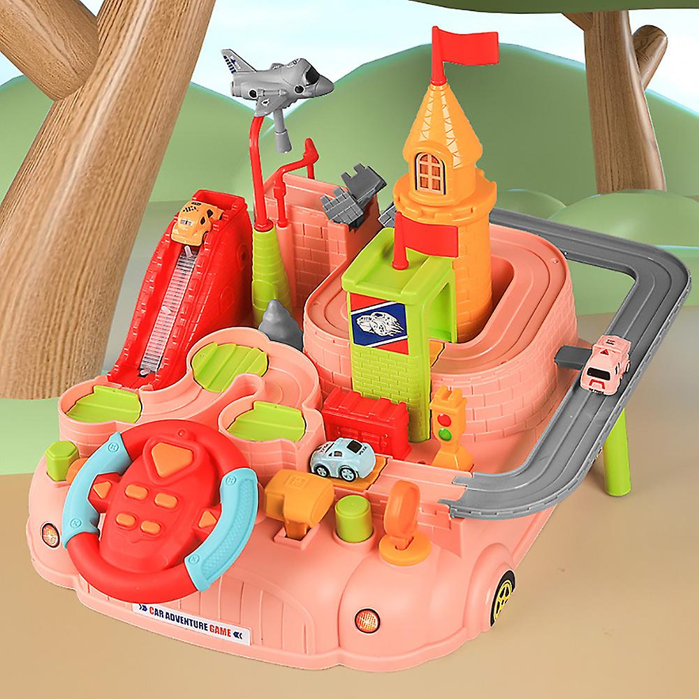 Car Track Adventure Toy Set For Children Mountain Road Theme Auto Adventure Toys Puzzle Game 6 Levels Children Intelligence Toys With 3 Vehicles Pink