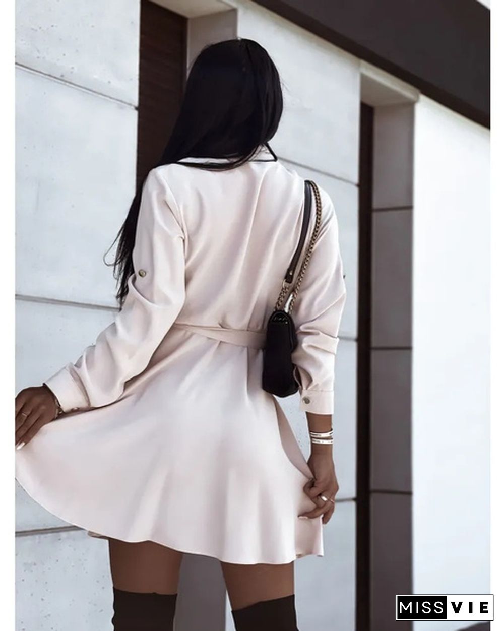 Turn-down Collar Long Sleeves Buttons Shirt Dress Women Fashion Collect Waist A Line Dress Elegant Ladies Dresses