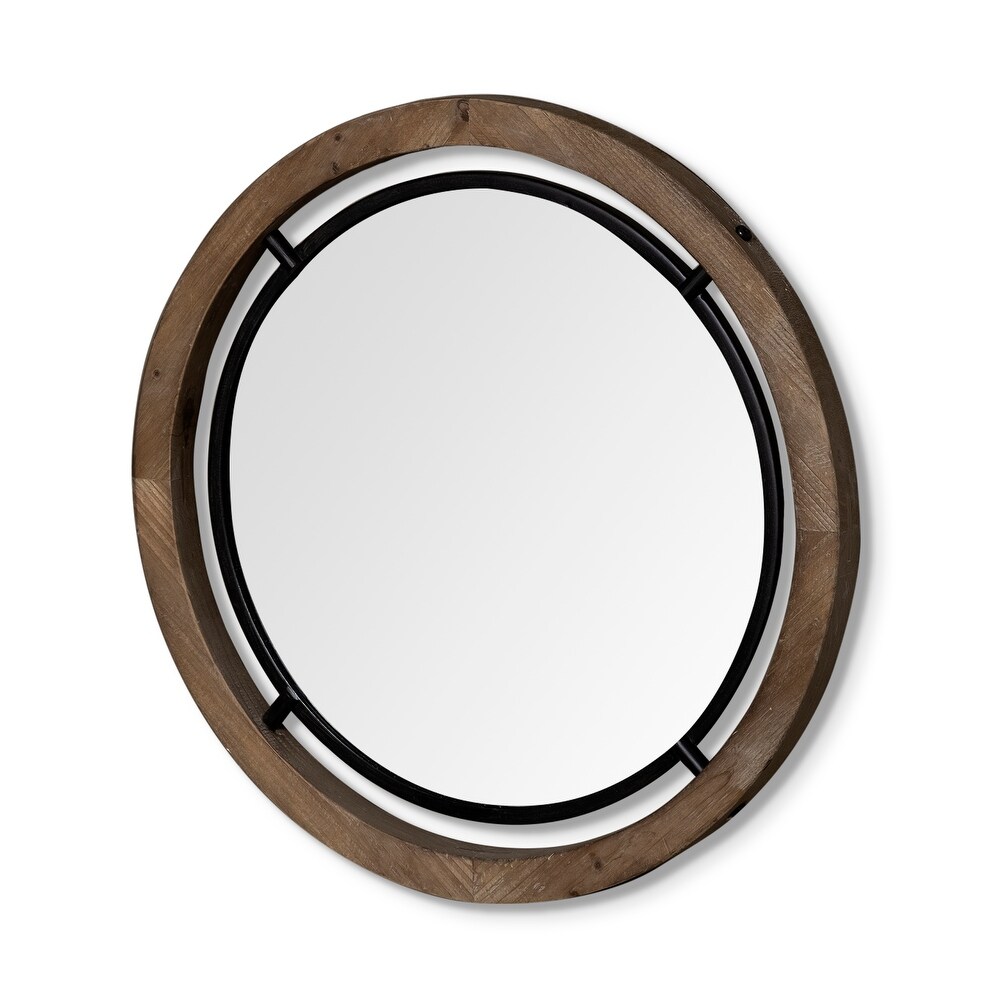 Josi Brown Solid Wood With Black Metal Frame Round Mirror   28\
