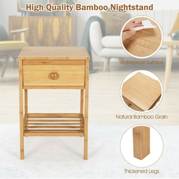 Gymax Bamboo Nightstand Natural Side End Table w/Drawer for Living