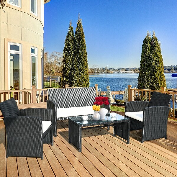 Costway 4PCS Patio Rattan Wicker Furniture Conversation Set Cushioned