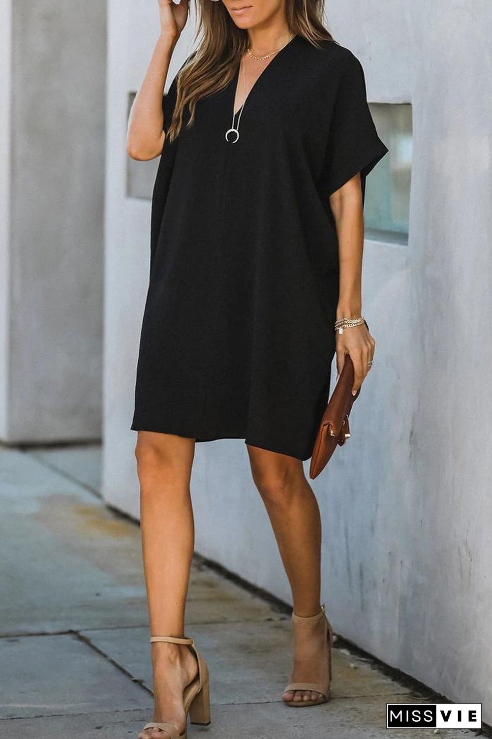 Solid Color V-Neck Loose Midi Dress