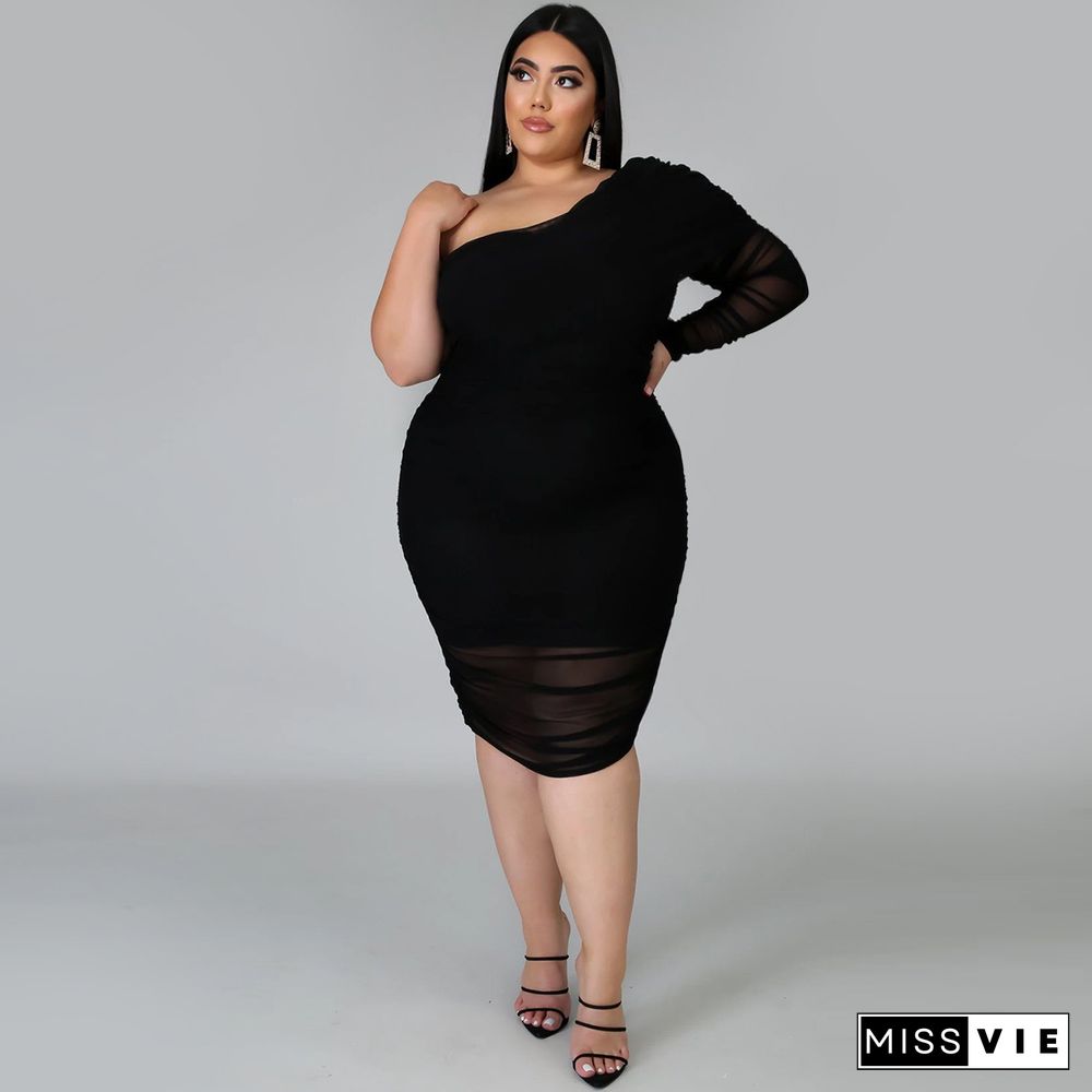 Plus Size Mesh Solid Single Sleeve Bodycon Dress