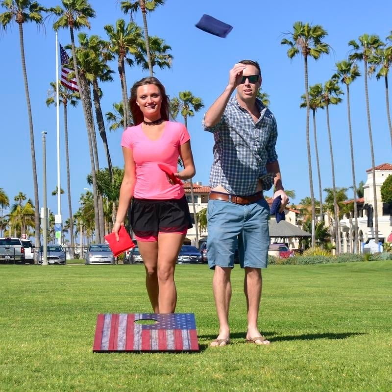 GoSports American Flag Cornhole Set with Wood Plank Design - Includes Two 3' x 2' Boards, 8 Bean Bags, Carrying Case and Game Rules