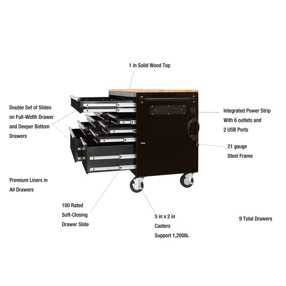 Husky 52 in. W x 25 in. D Standard Duty 9-Drawer Mobile Workbench Tool Chest with Solid Wood Top in Gloss Black HOTC5209B12M