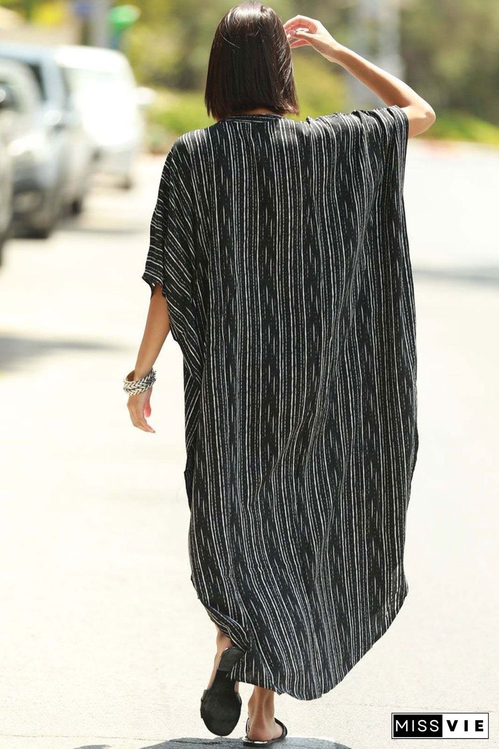 Striped Pocketed Button Front Side Slit Sleeved Maxi Cover Up