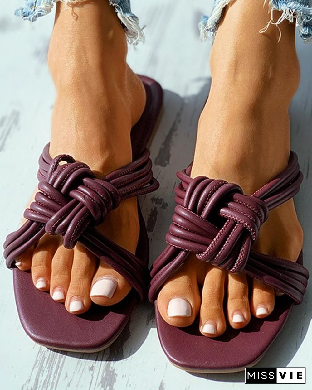 Braided Square Toe Flat Sandals