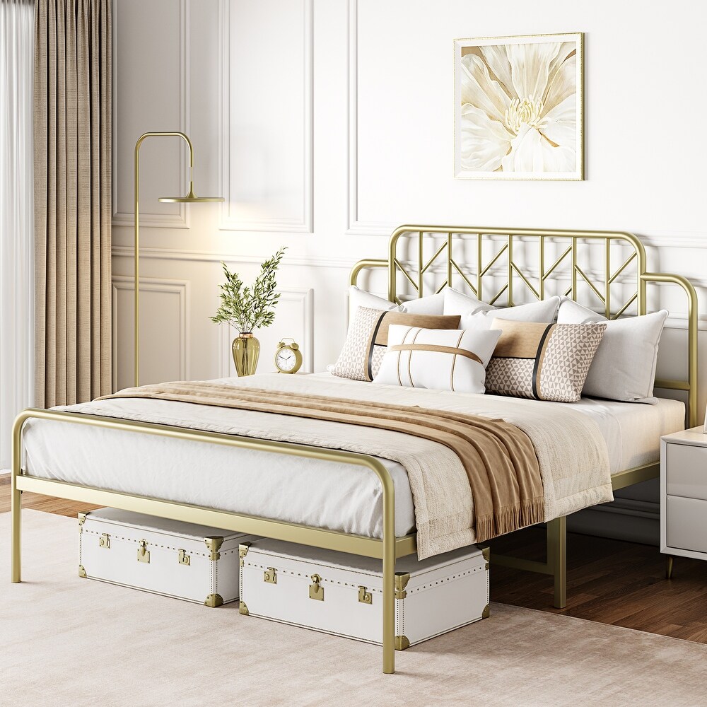 Modern Gold Metal Queen Size Bed Frame with Headboard and Footboard Branch Style