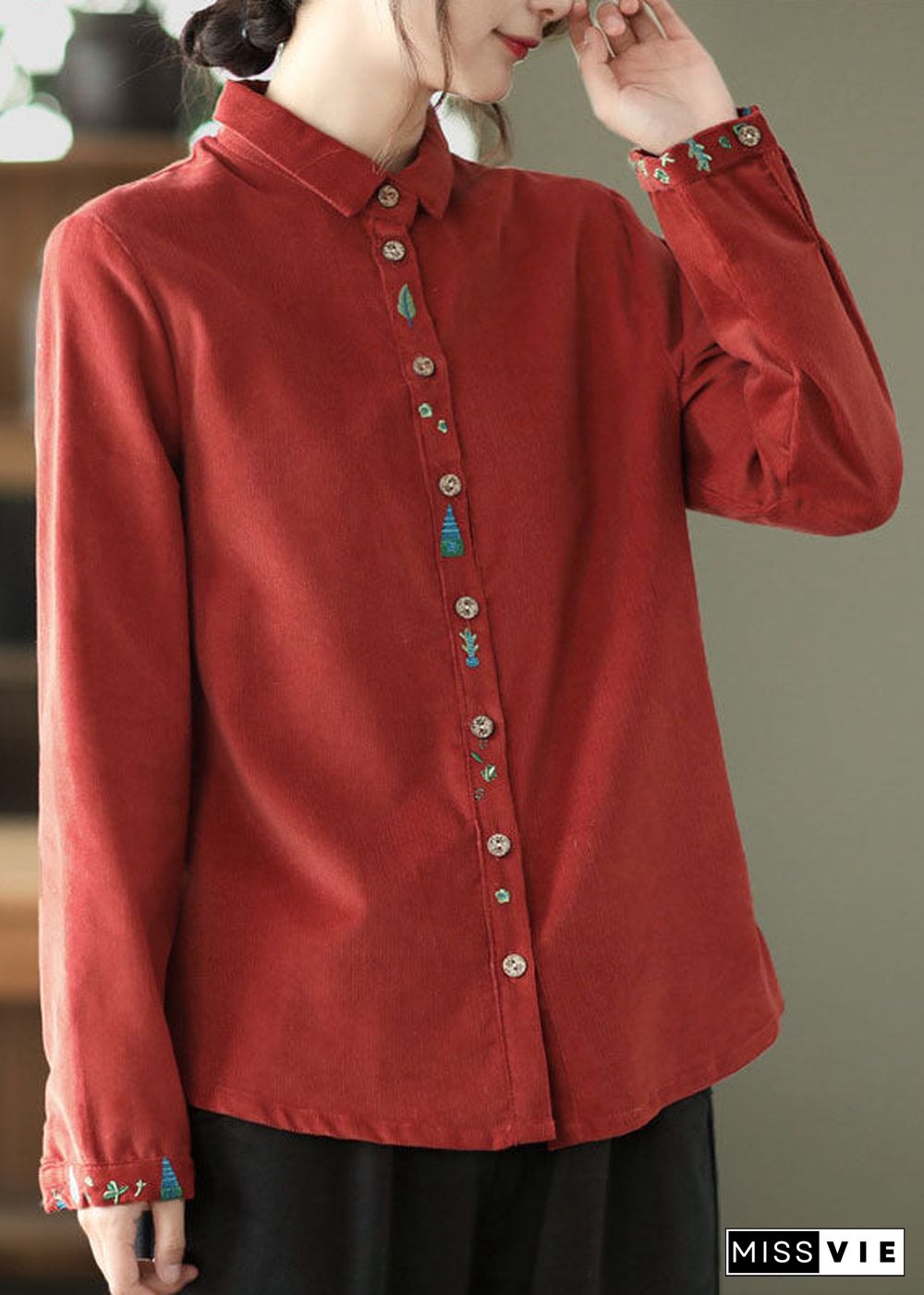 Retro Red Embroideried Patchwork Corduroy Shirt Tops Spring