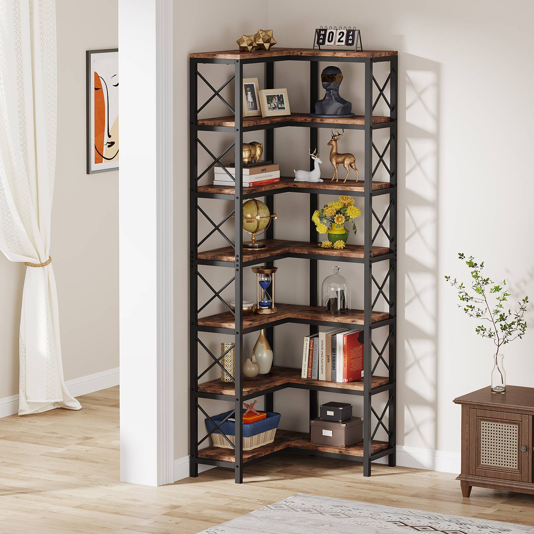 7-Tier Corner Bookshelf Corner Bookcase Storage Display Rack