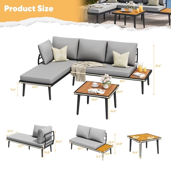 Furniwell 3pieces Sectional Sofa Patio Furniture Outdoor Conversation Set Steel Modular Design Set with Coffee Table