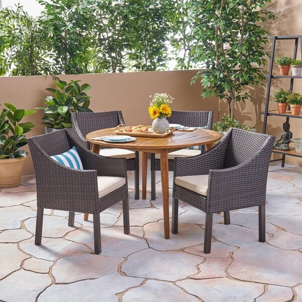 Torrence Outdoor 5 Piece Wood and Wicker Dining Set