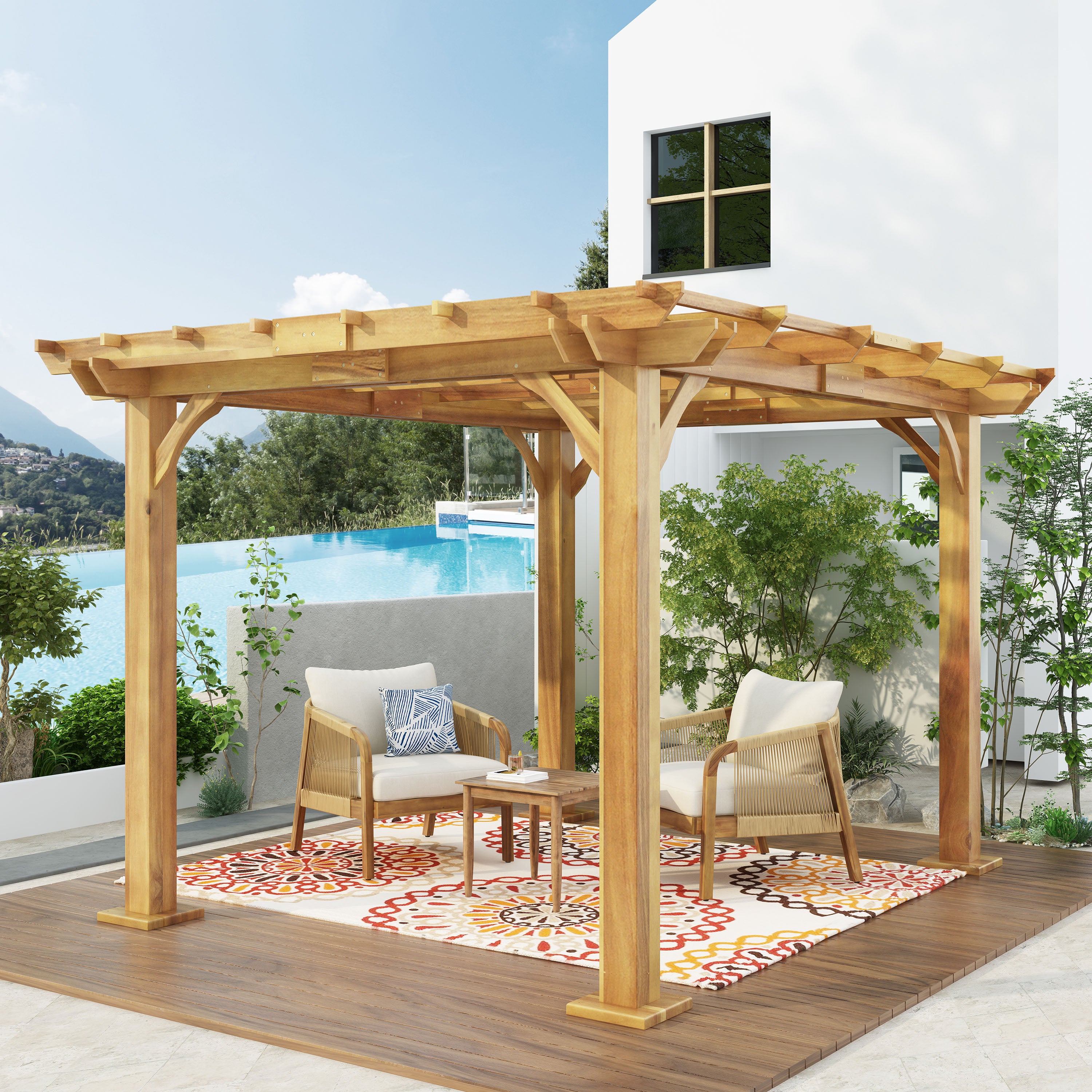 GDF Studio Evatt Outdoor 12' x 10' Acacia Wood Pergola, Teak