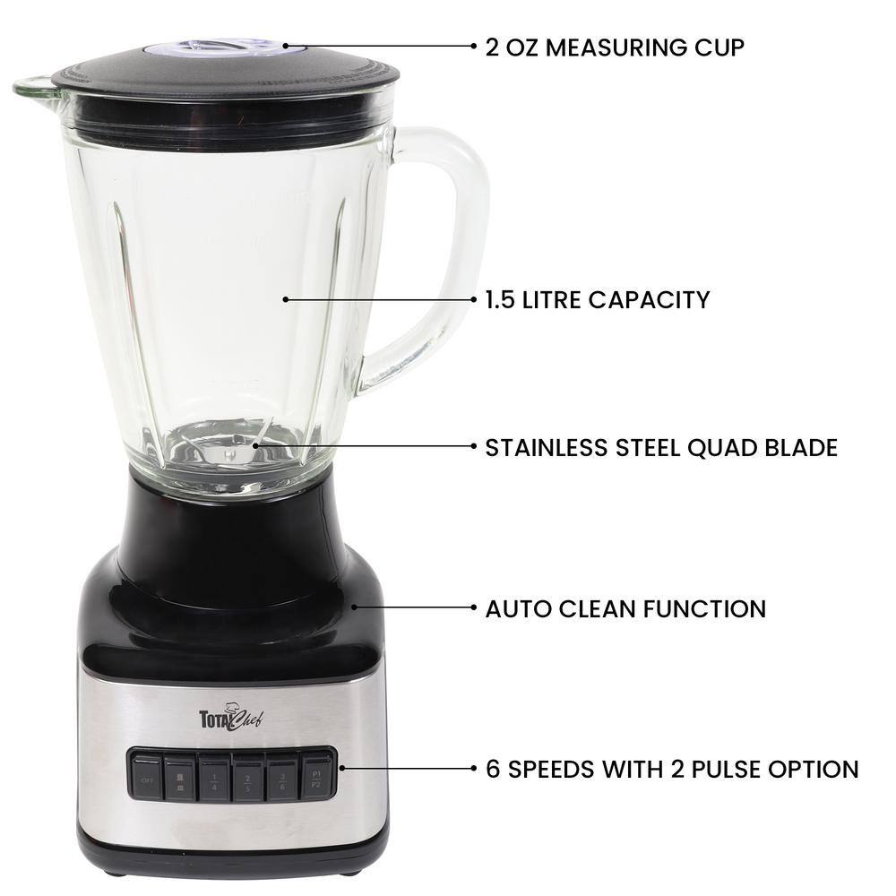 Total Chef 6-Speed Countertop Blender 6 Cup (1.5L) Glass Jar 2 Pulse Options 500W Black Silver TCB15