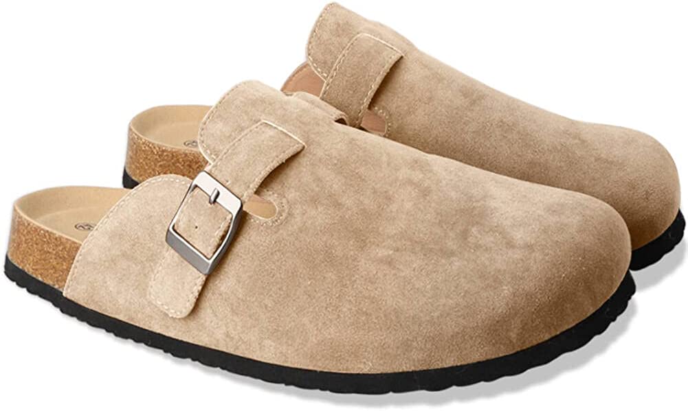 Women Boston Clogs  Suede Soft Leather Clogs Classic Cork Clog Antislip Sole Slippers Waterproof Mules House Sandals with Arch Support and Adjustable Buckle Unisex