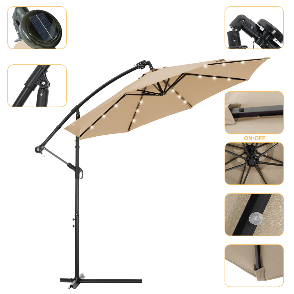 9.5ft Solar Led Lighted Patio Umbrella Outdoor Vented Table Umbrella with 24 LED Lights Push Button Tilt/Crank 8 Sturdy Ribs for Garden Backyard Deck Pool Sun Shade, Tan