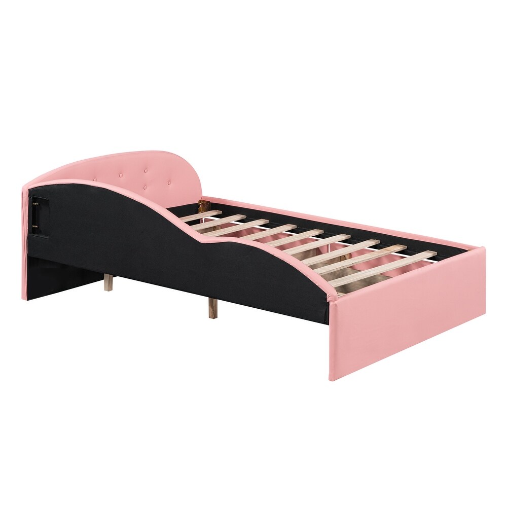 Pink Full Size PU Upholstered Tufted Daybed Wood Platform Bed Frame