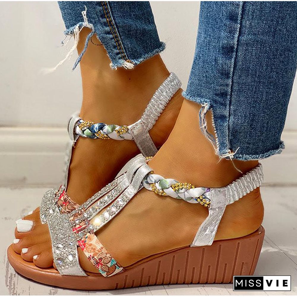 Women's Sandals Summer Bohemia Platform Wedges Shoes Crystal Gladiator Rome Woman Beach Shoes Casual Elastic Band Female