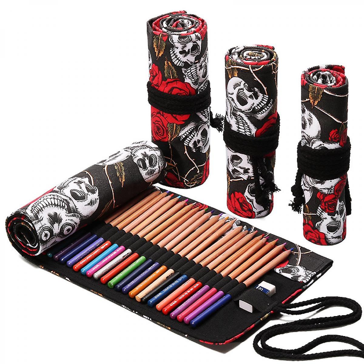 Skull Printed Large Many Hole Roll Up Pencil Case