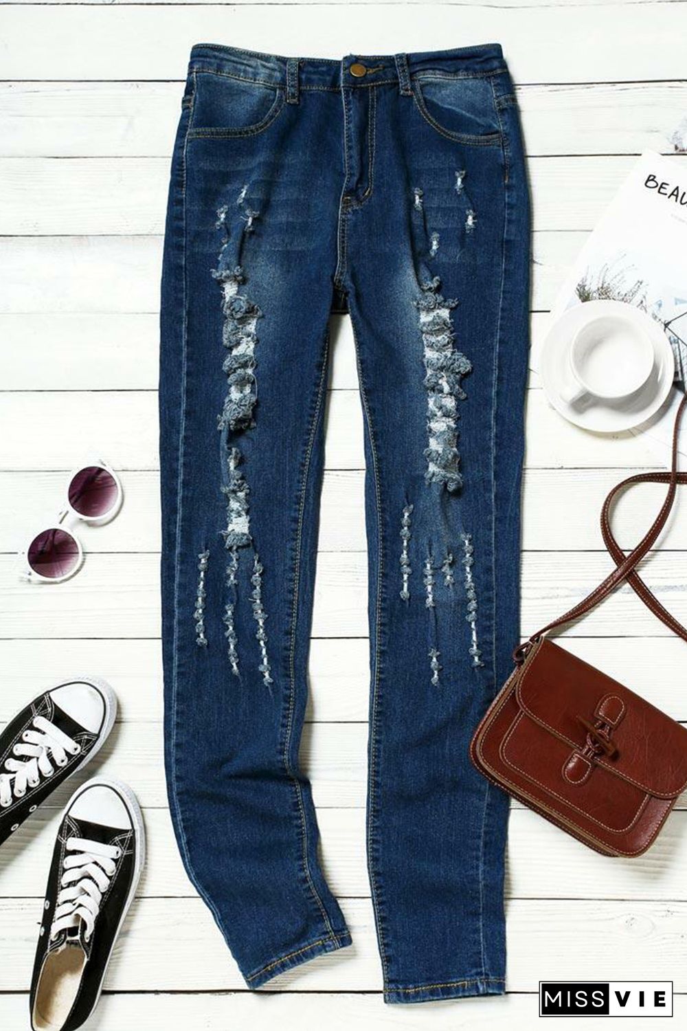 Blue Mid Rise Distressed Ripped Holes Skinny Jeans