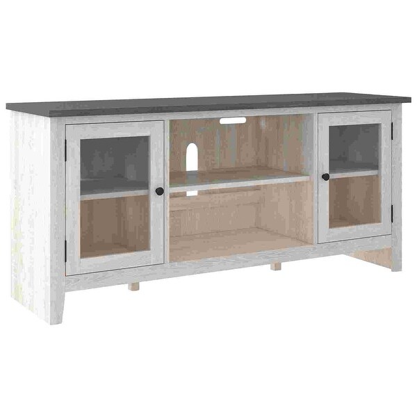 60 Inch TV Entertainment Console， 2 Glass Doors， Farmhouse， White， Gray