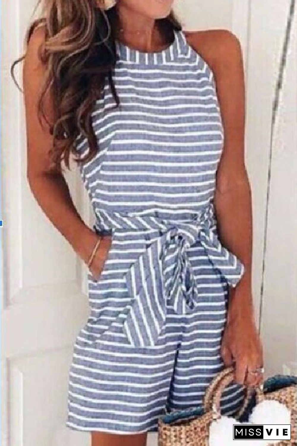 Striped O-Neck Tie Skinny Jumpsuit