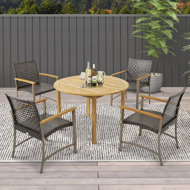 Tangkula Outdoor Rattan Chair Set Of 4 Patio Pe Wicker Dining Chairs W Acacia Wood Armrests Balcony Poolside