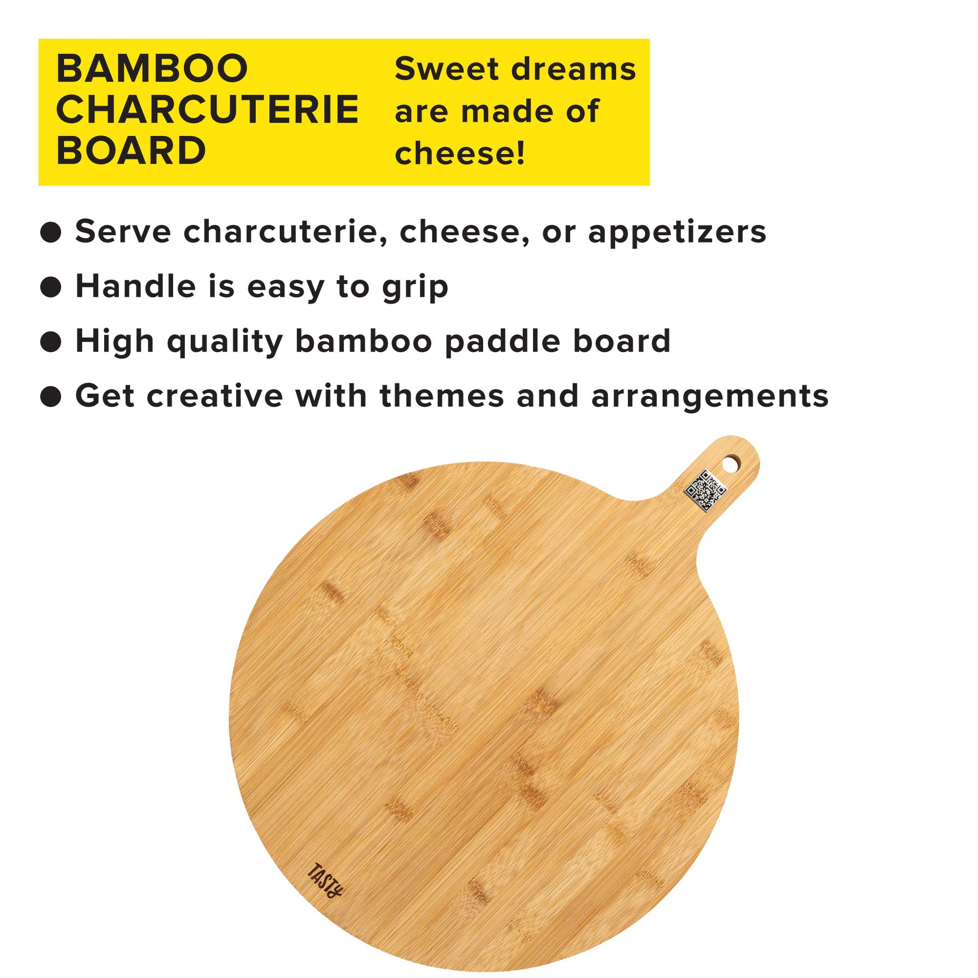 Tasty Bamboo Round Charcuterie Board with Handle， Paddle Cheese Board， 15.5