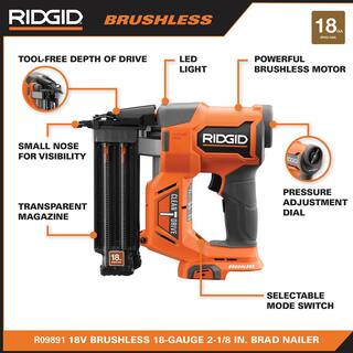 RIDGID 18V Brushless Cordless 18-Gauge 2-18 in. Brad Nailer with CLEAN DRIVE Technology with 2.0 Ah Battery and Charger R09891K