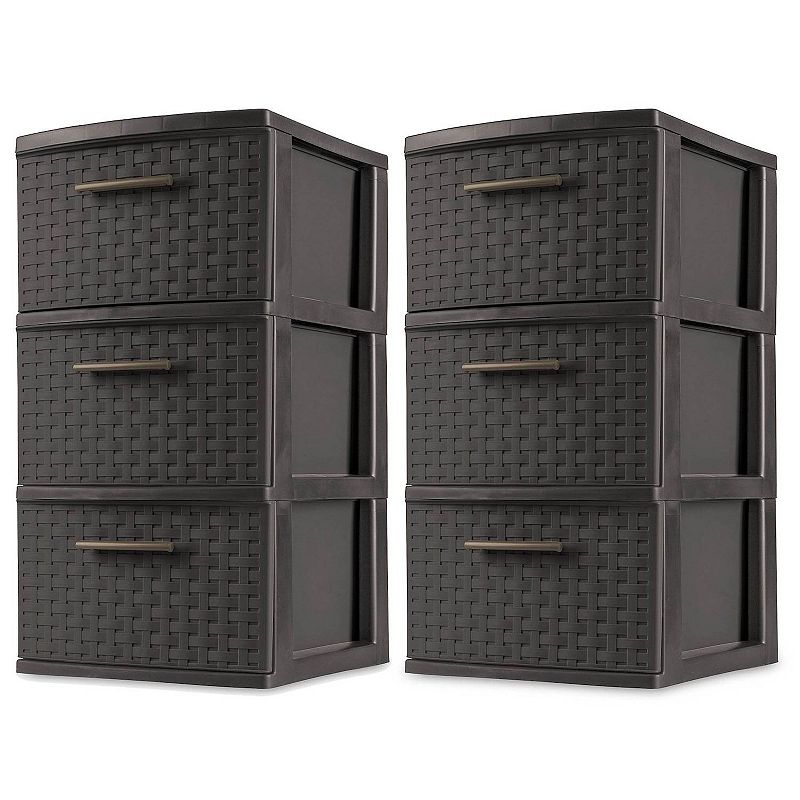 Sterilite 3 Drawer Wicker Weave Decorative Storage Tower， Espresso (2 Pack)