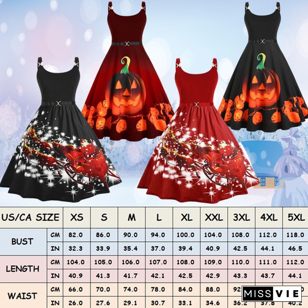 Plus Size Fashion Women Pumpkin Elk Santa Print Dress Autumn and Winter Halloween Christmas Costume Sleeveless Dresses Casual Swing Party Dress