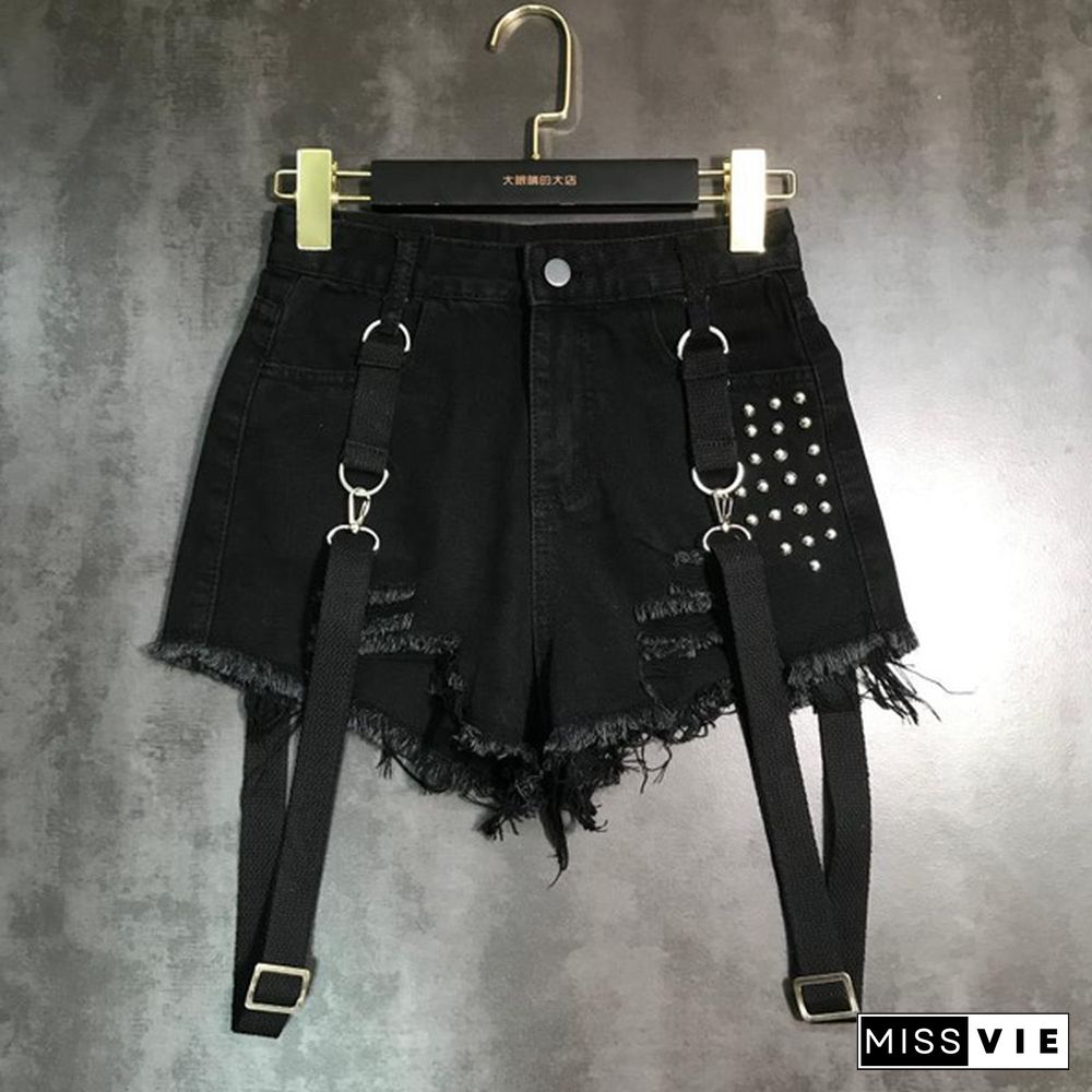 Women Denim Hot Pants Shorts Mini Jeans Rivet Removable Strap Tassels Gothic Punk Sexy