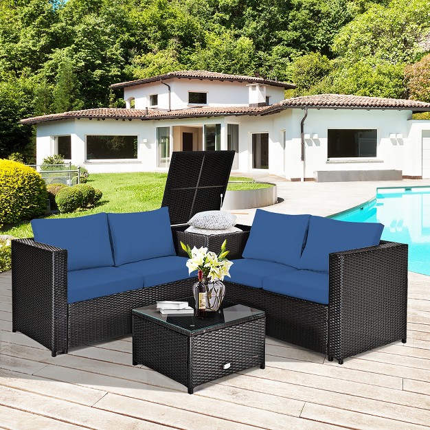 Costway 4pcs Patio Rattan Furniture Set Cushioned Loveseat Storage Table Navy