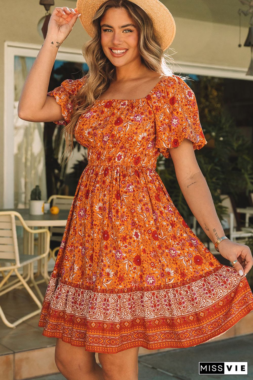 Orange Square Neck Puff Sleeves Flowy Floral Dress