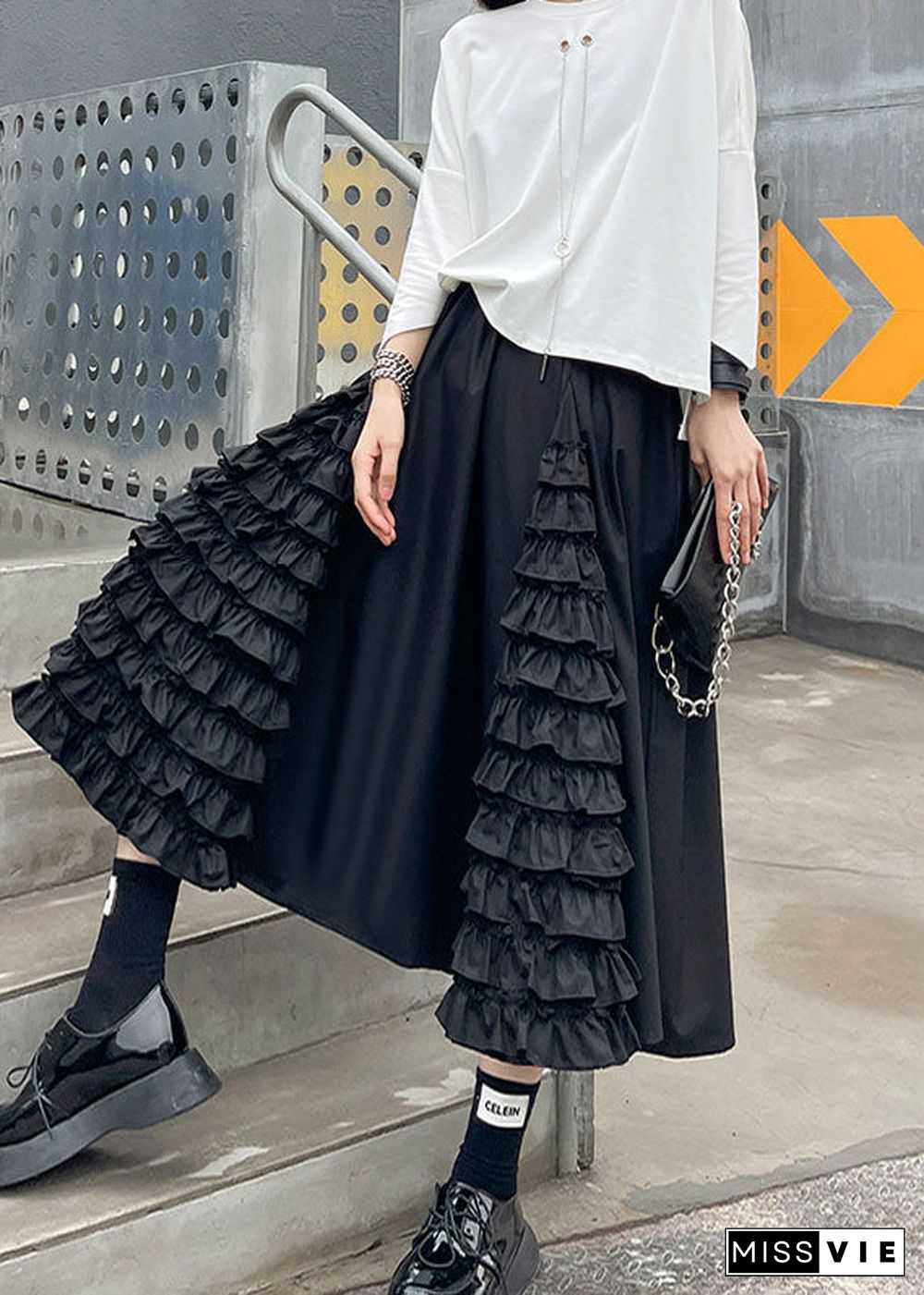 Women Black Ruffled Patchwork A Line Fall Skirts