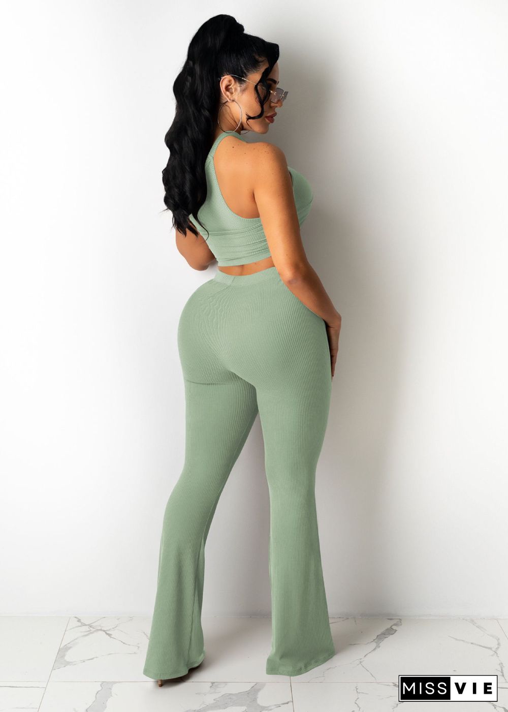 Solid Bandage Sleeveless Crop Top Flare Pants Set