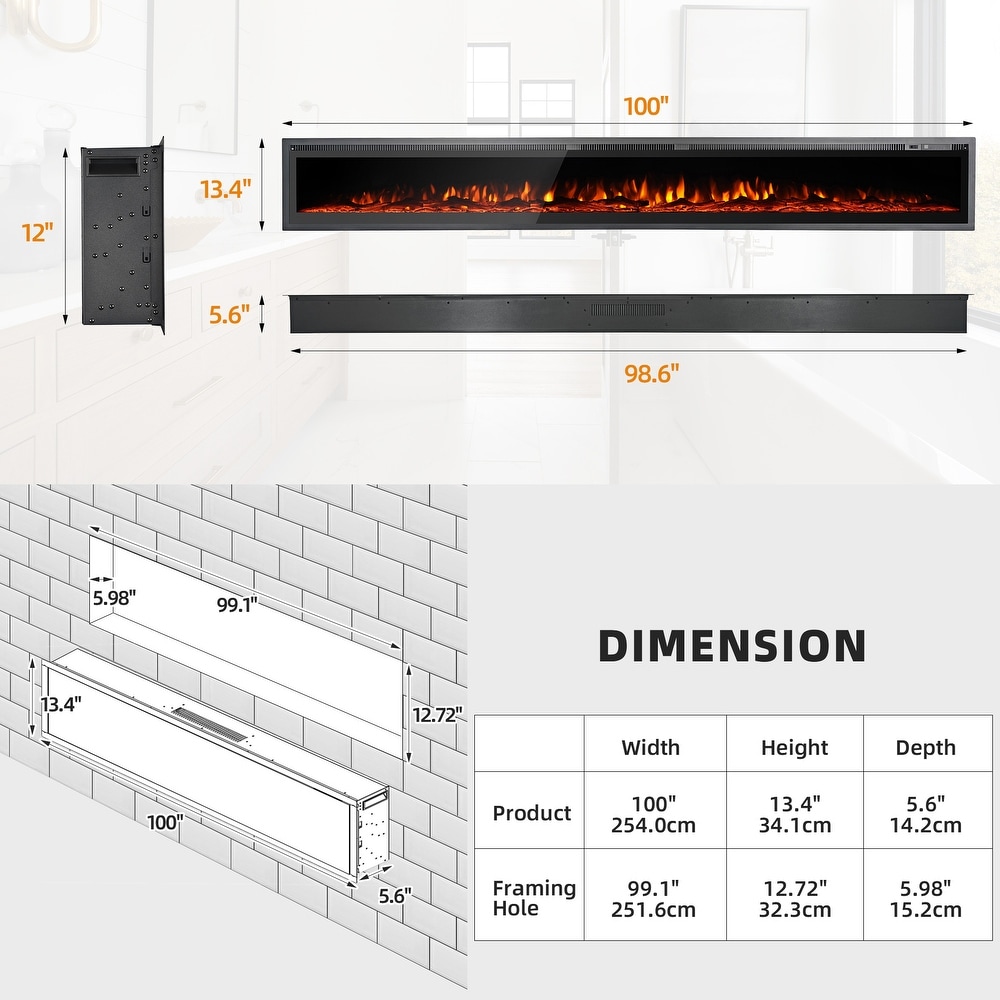 Electric Fireplace Inserts  Recessed and Wall Mounted Fireplace with Timer  Remote Control  Adjustable LED Flame  750/1500W